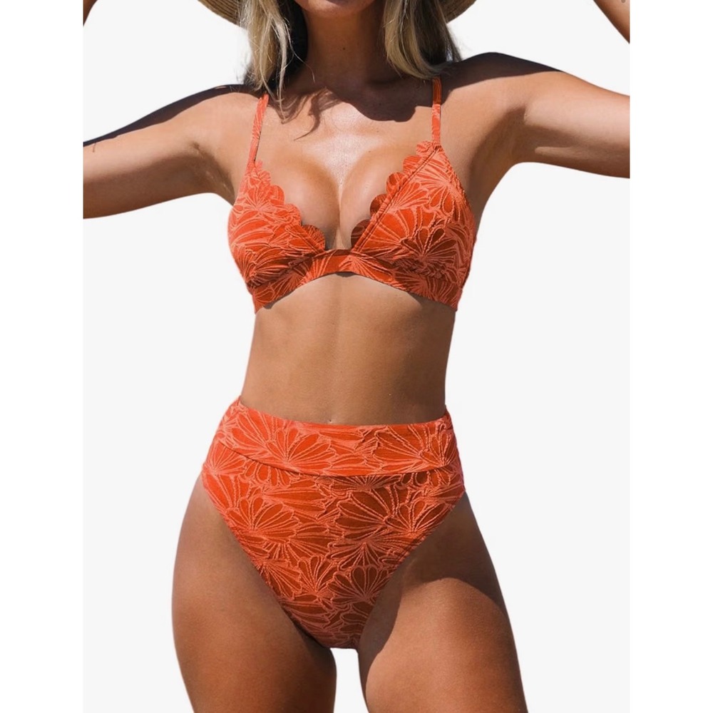 CUPSHE Women Orange Floral Textured High Waisted Bikini Set DAA12C2L007KK Size M